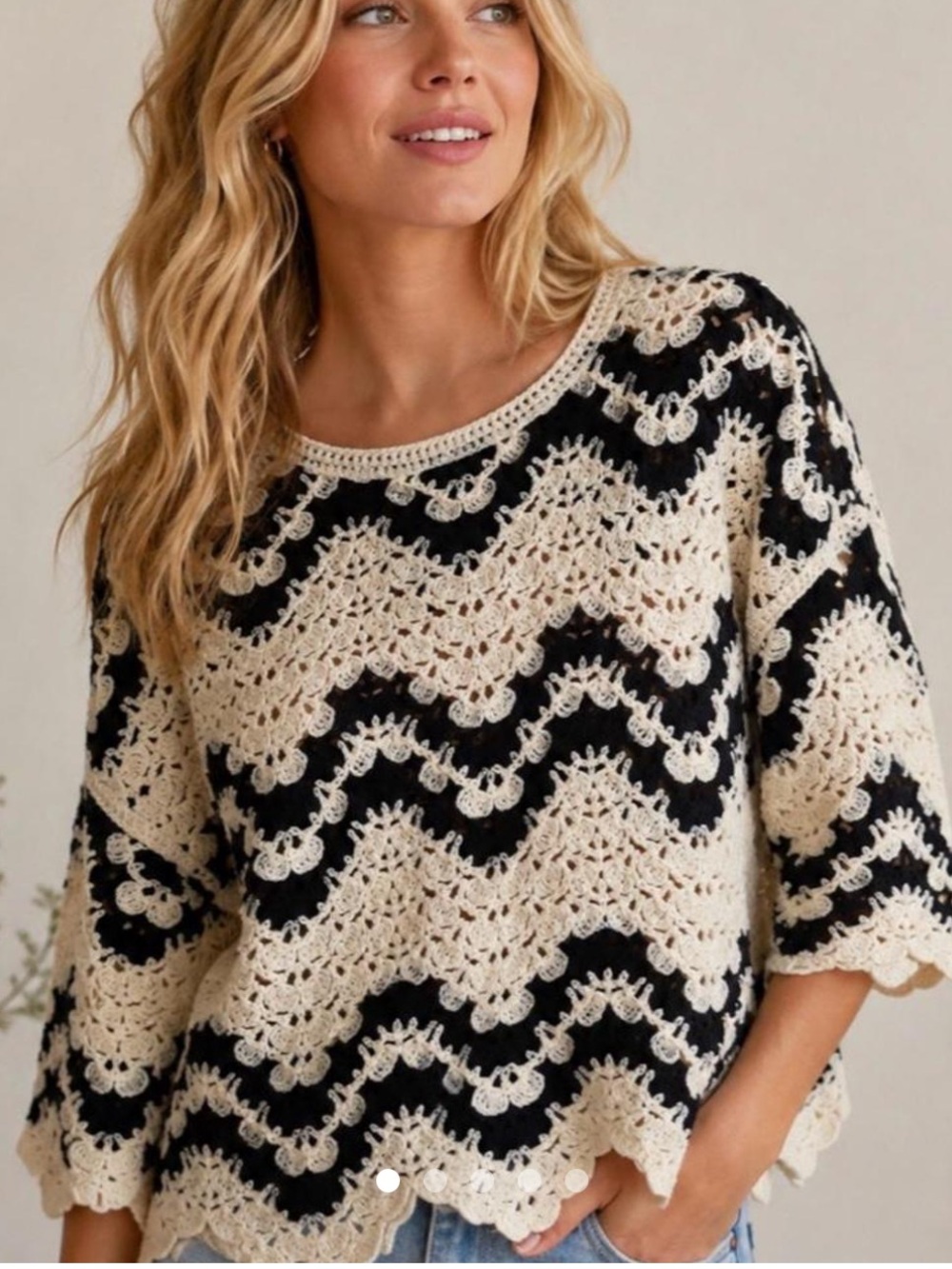Rebellion Soft Multi Jumper Sweater Ivory & Black Wave Pattern Crochet NWT Sz M